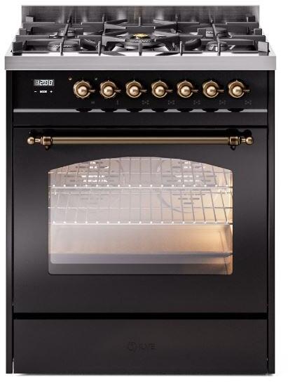 Ilve UP30NMPBKB Nostalgie Ii 30 Inch Dual Fuel Natural Gas Freestanding Range In Glossy Black With Bronze Trim