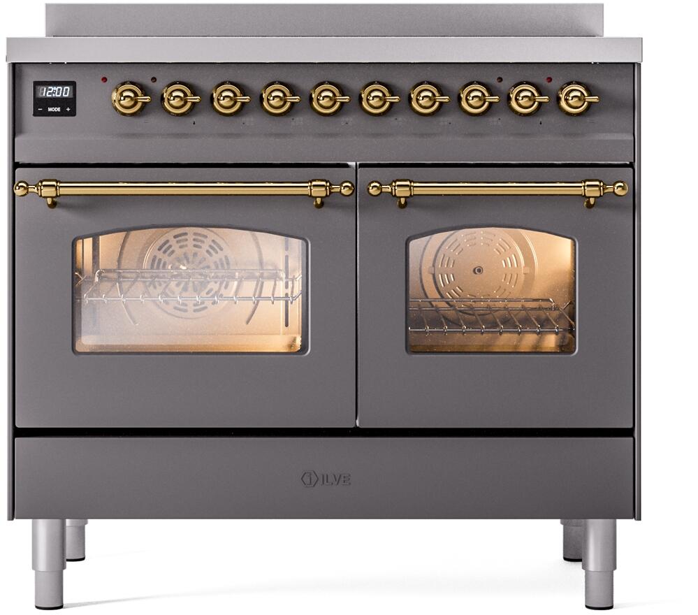 Ilve UPDI406NMPMGG Nostalgie Ii 40 Inch Electric Freestanding Range In Matte Graphite With Brass Trim