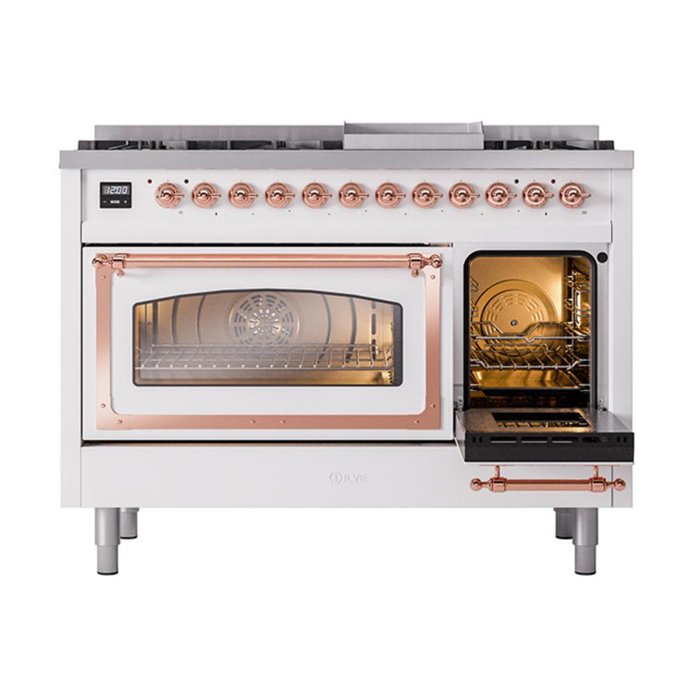 Ilve UN48FNMPWHPLP Ilve Un48Fnmpwhplp Nostalgie Ii Noblesse 48" Dual Fuel Range (8 Sealed Burners + Griddle, Liquid Propane, Triple Glass Door, White, Copper)