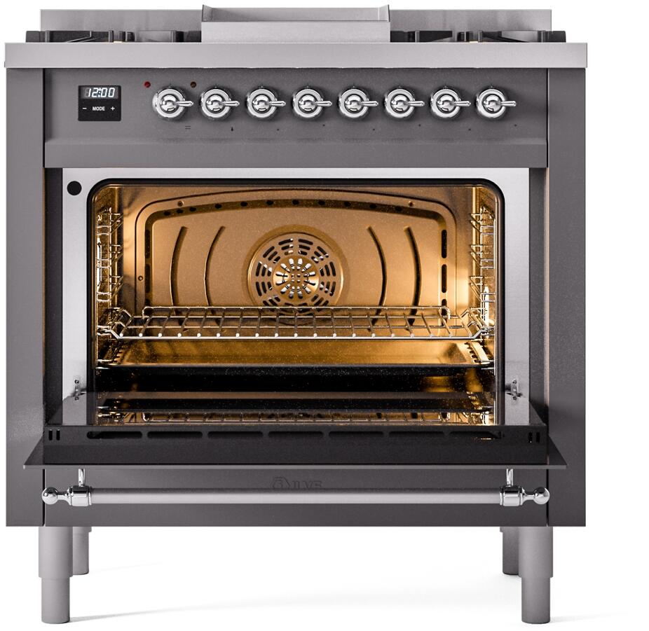 Ilve UP36FNMPMGC Nostalgie Ii 36 Inch Dual Fuel Natural Gas Freestanding Range In Matte Graphite With Chrome Trim