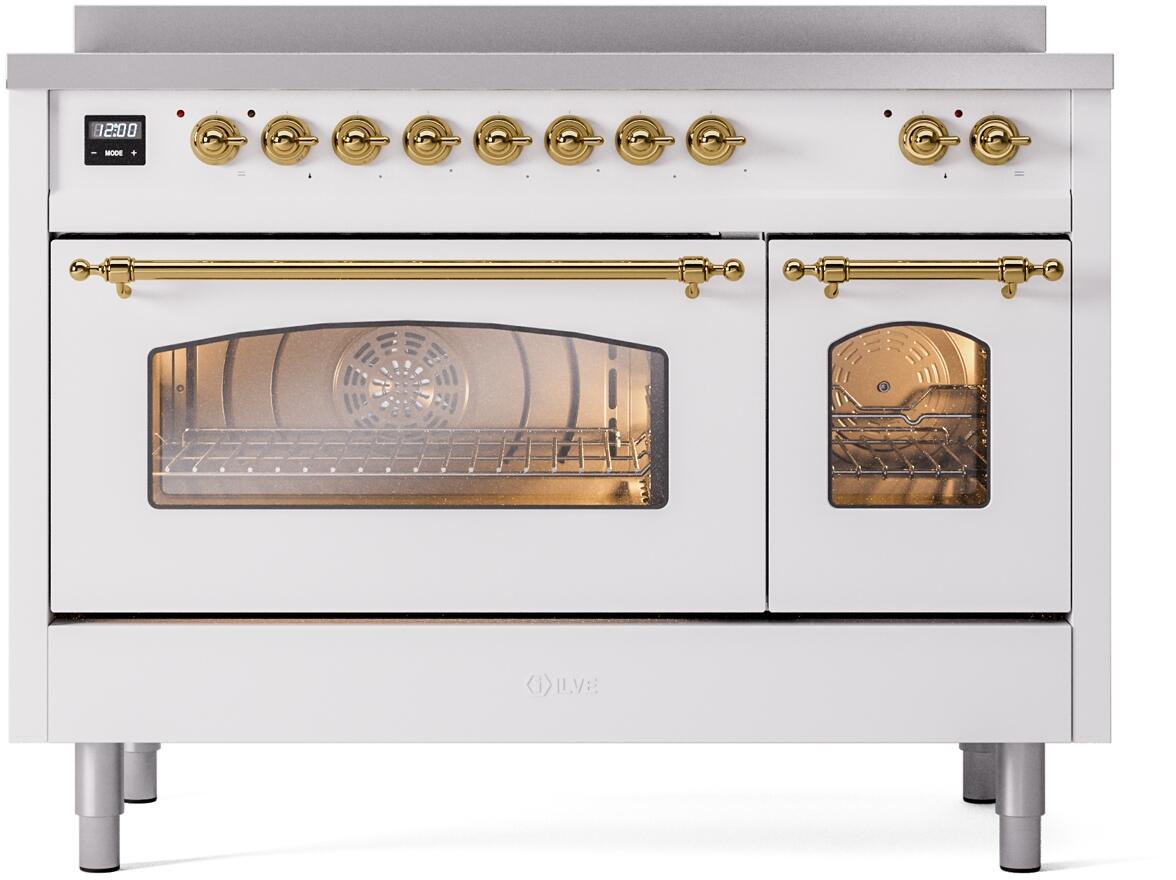 Ilve UPI486NMPWHG Nostalgie Ii 48 Inch Electric Freestanding Range In White With Brass Trim