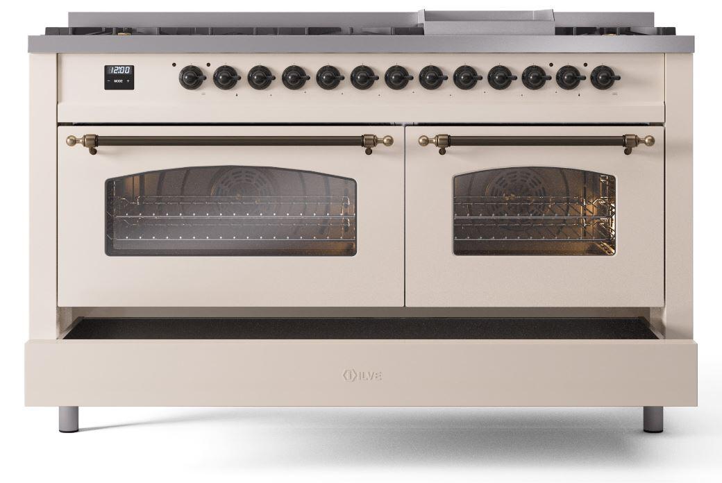 Ilve UP60FNMPAWB Nostalgie Ii 60 Inch Dual Fuel Natural Gas Freestanding Range In Antique White With Bronze Trim