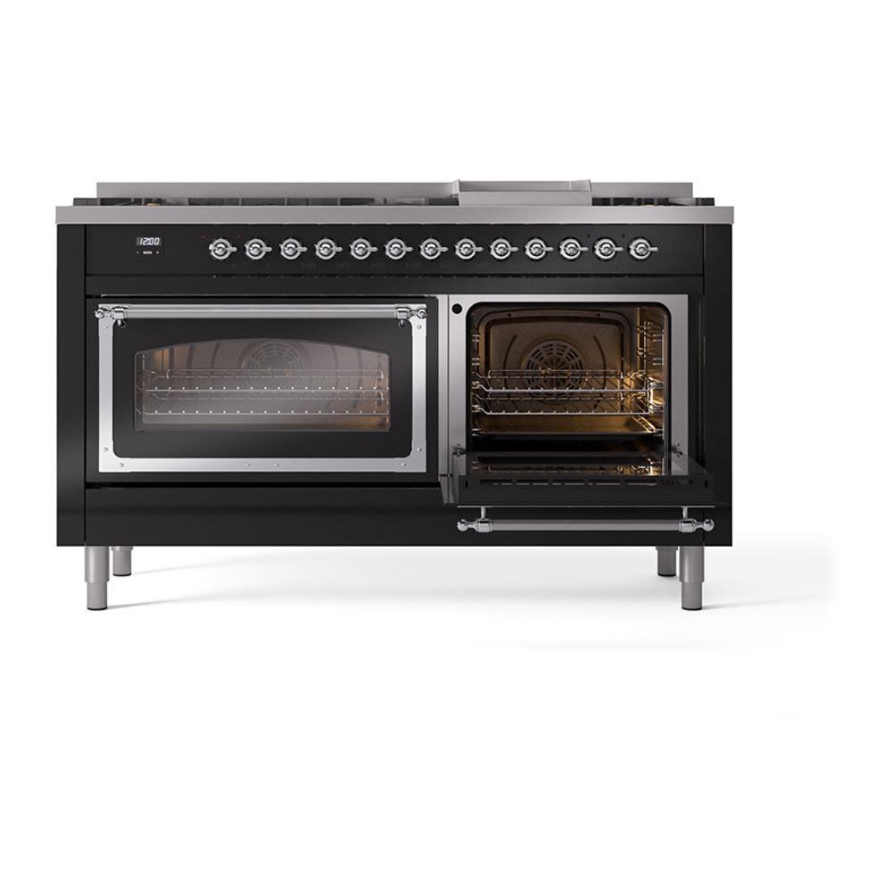 Ilve UN60FNMPBKC Ilve Un60Fnmpbkc Nostalgie Ii Noblesse 60" Dual Fuel Range (9 Sealed Burners + Griddle, Natural Gas, Triple Glass Door, Glossy Black, Chrome)