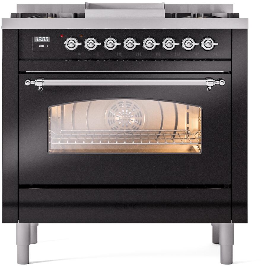 Ilve UP36FNMPBKC Nostalgie Ii 36 Inch Dual Fuel Natural Gas Freestanding Range In Glossy Black With Chrome Trim