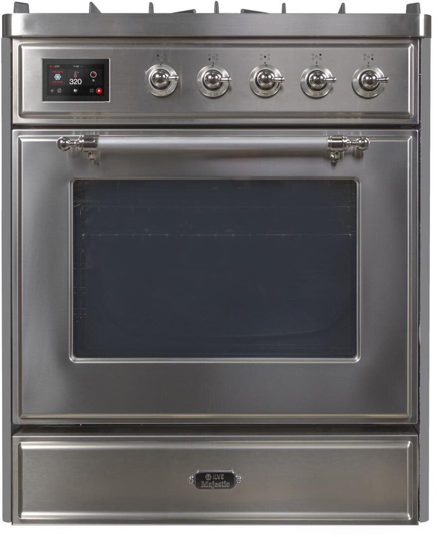 Ilve UM30DNE3SSC Majestic Ii 30 Inch Dual Fuel Natural Gas Freestanding Range In Stainless Steel With Chrome Trim