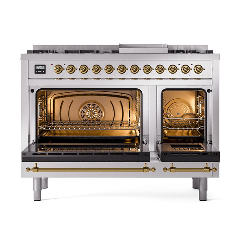 Ilve UN48FNMPSSG Ilve Un48Fnmpssg Nostalgie Ii Noblesse 48" Dual Fuel Range (8 Sealed Burners + Griddle, Natural Gas, Triple Glass Door, Stainless Steel, Brass)