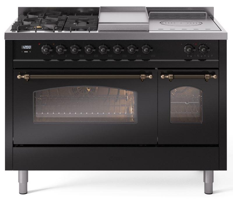 Ilve UP48FSNMPBKB Nostalgie Ii 48 Inch Dual Fuel Natural Gas Freestanding Range In Glossy Black With Bronze Trim