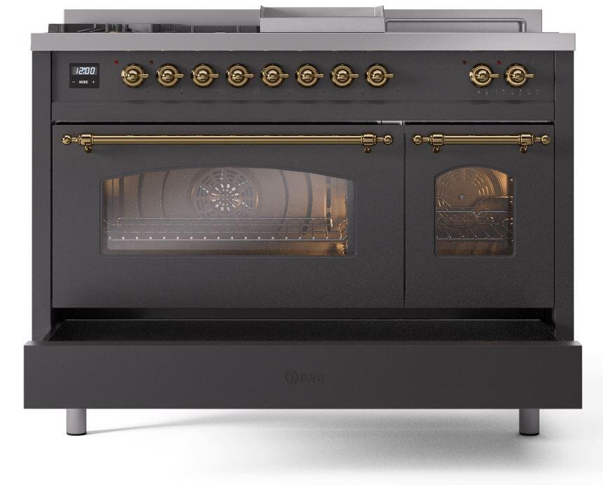 Ilve UP48FSNMPMGGLP Nostalgie Ii 48 Inch Dual Fuel Liquid Propane Freestanding Range In Matte Graphite With Brass Trim