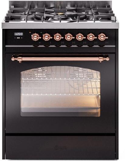 Ilve UP30NMPBKP Nostalgie Ii 30 Inch Dual Fuel Natural Gas Freestanding Range In Glossy Black With Copper Trim