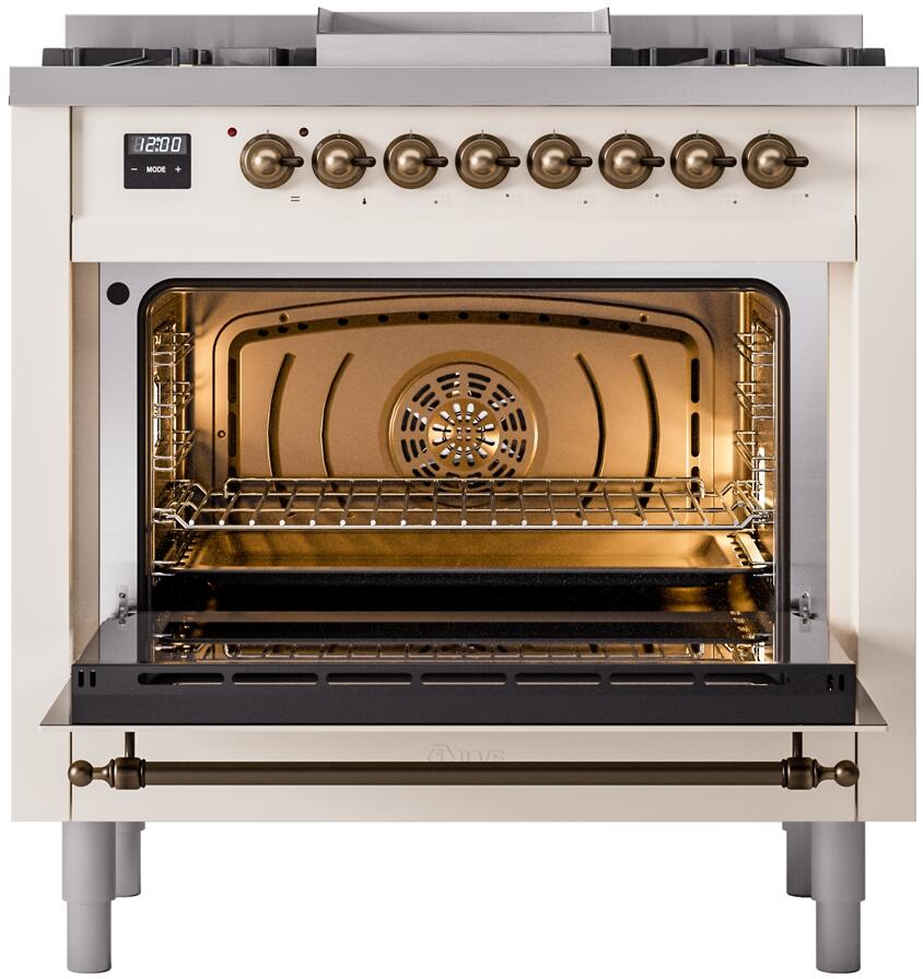 Ilve UP36FNMPAWBLP Nostalgie Ii 36 Inch Dual Fuel Liquid Propane Freestanding Range In Antique White With Bronze Trim