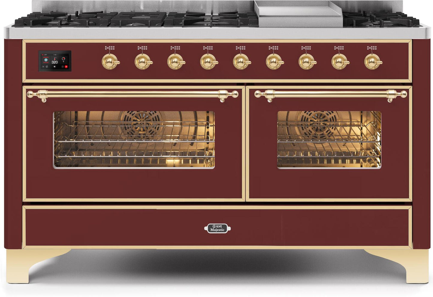 Ilve UM15FDNS3BUGLP Majestic Ii 60 Inch Dual Fuel Liquid Propane Freestanding Range In Burgundy With Brass Trim