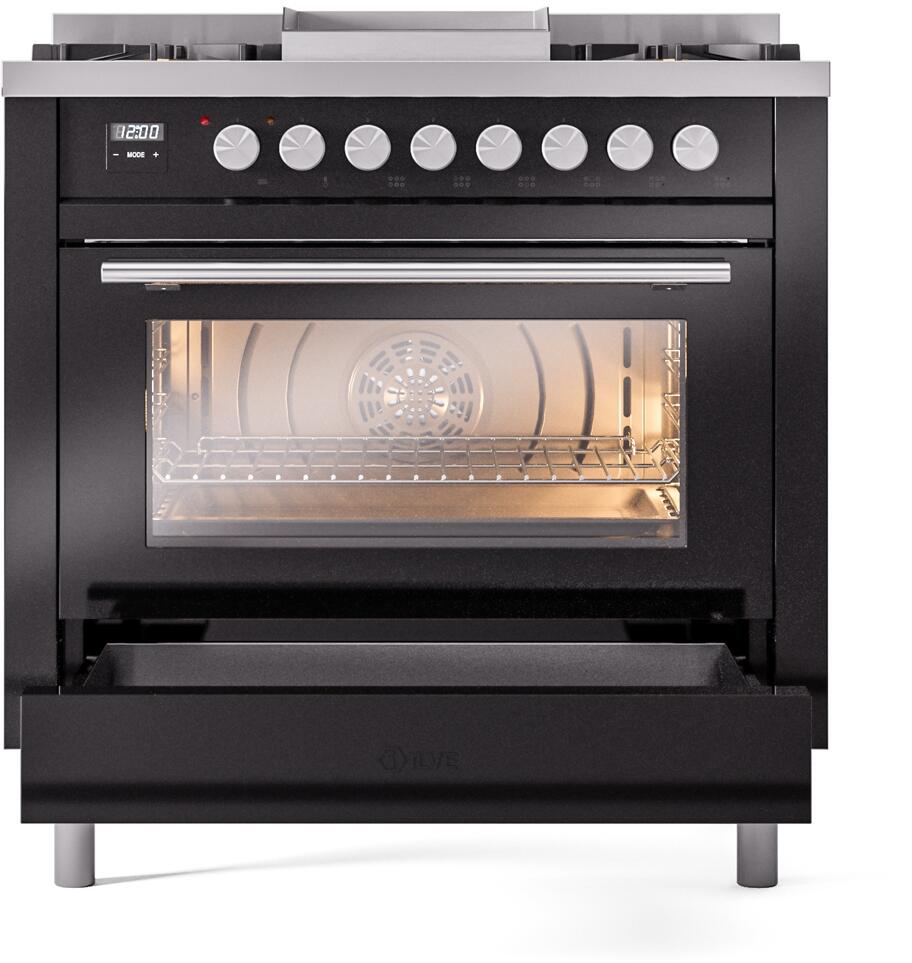 Ilve UP36FWMPBK Professional Plus Ii 36 Inch Dual Fuel Natural Gas Freestanding Range In Glossy Black With Trim