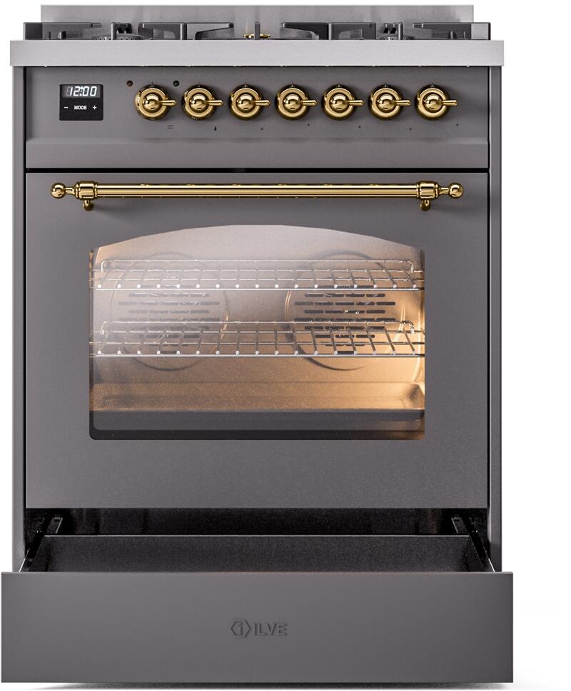 Ilve UP30NMPMGG Nostalgie Ii 30 Inch Dual Fuel Natural Gas Freestanding Range In Matte Graphite With Brass Trim