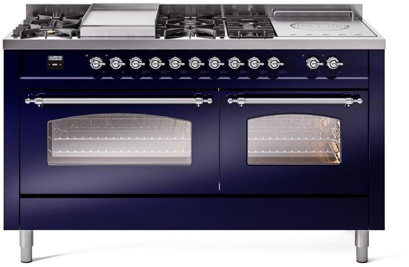 Ilve UP60FSNMPMBCLP Nostalgie Ii 60 Inch Dual Fuel Liquid Propane Freestanding Range In Blue With Chrome Trim