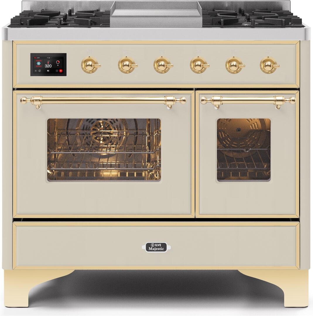 Ilve UMD10FDNS3AWG Majestic Ii 40 Inch Dual Fuel Natural Gas Freestanding Range In Antique White With Brass Trim