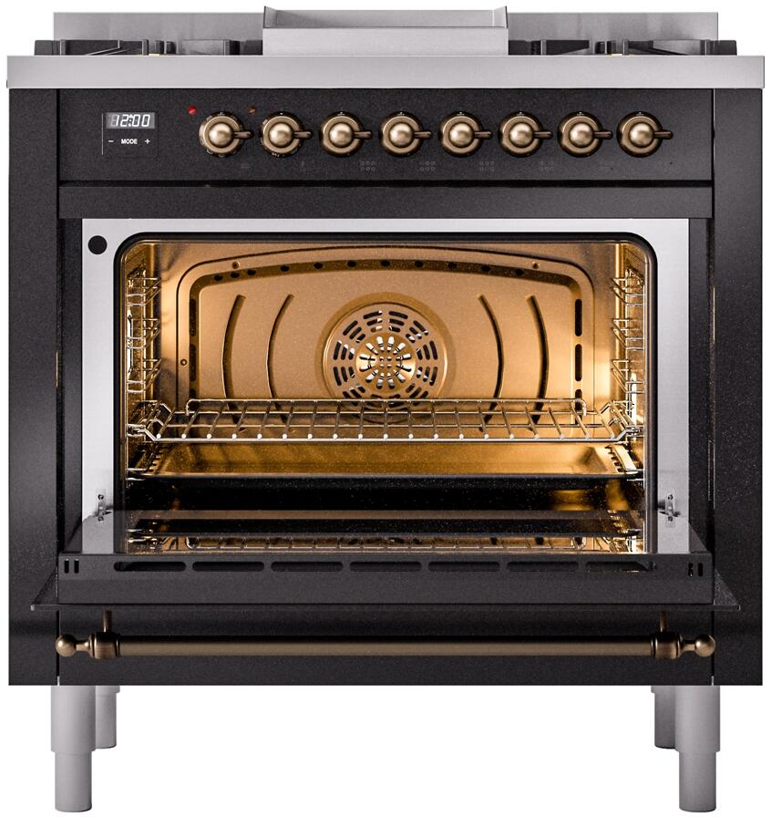 Ilve UP36FNMPBKB Nostalgie Ii 36 Inch Dual Fuel Natural Gas Freestanding Range In Glossy Black With Bronze Trim