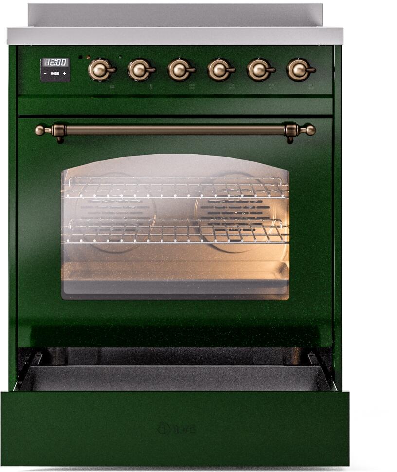 Ilve UPI304NMPEGB Nostalgie Ii 30 Inch Electric Freestanding Range In Emerald Green With Bronze Trim