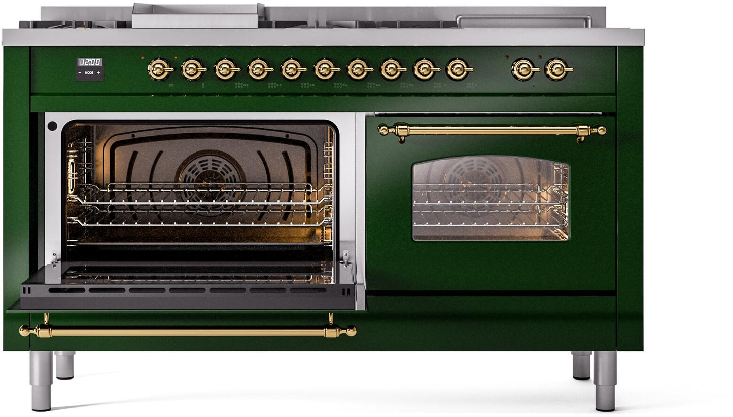 Ilve UP60FSNMPEGGLP Nostalgie Ii 60 Inch Dual Fuel Liquid Propane Freestanding Range In Emerald Green With Brass Trim