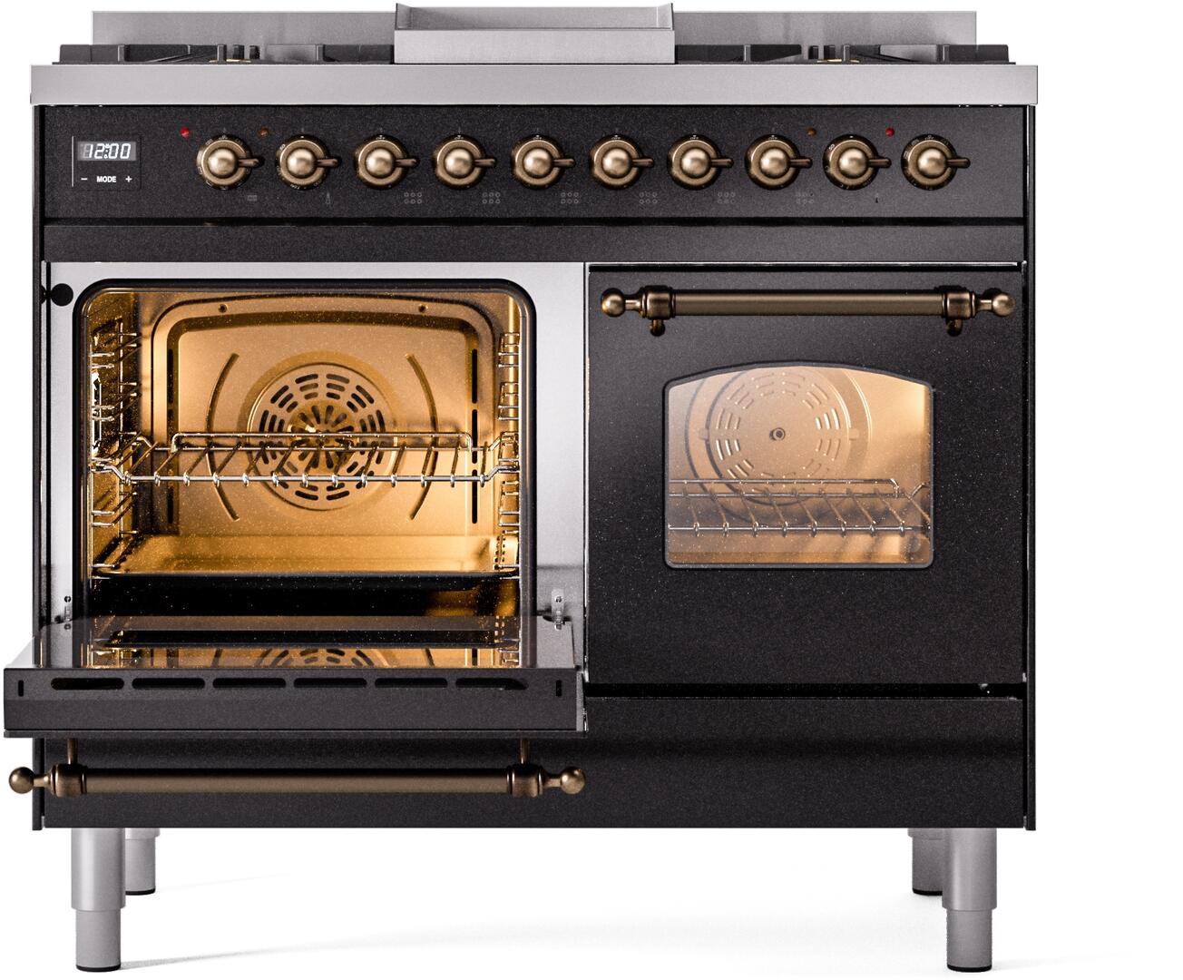 Ilve UPD40FNMPBKBLP Nostalgie Ii 40 Inch Dual Fuel Liquid Propane Freestanding Range In Glossy Black With Bronze Trim