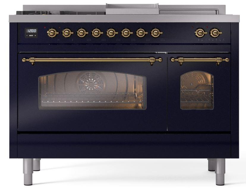 Ilve UP48FSNMPMBGLP Nostalgie Ii 48 Inch Dual Fuel Liquid Propane Freestanding Range In Blue With Brass Trim