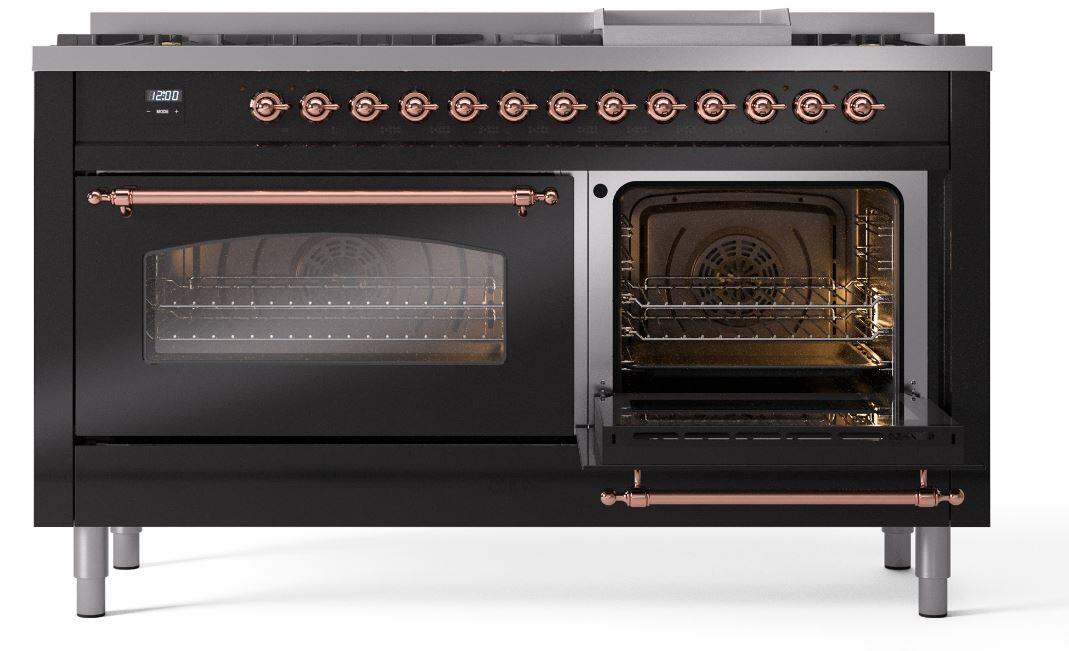 Ilve UP60FNMPBKP Nostalgie Ii 60 Inch Dual Fuel Natural Gas Freestanding Range In Glossy Black With Copper Trim