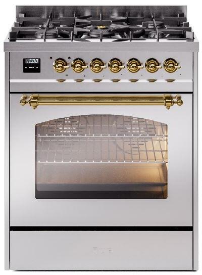 Ilve UP30NMPSSGLP Nostalgie Ii 30 Inch Dual Fuel Liquid Propane Freestanding Range In Stainless Steel With Brass Trim