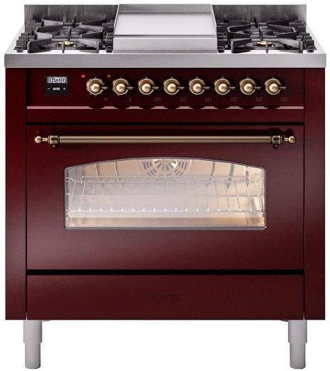 Ilve UP36FNMPBUBLP Nostalgie Ii 36 Inch Dual Fuel Liquid Propane Freestanding Range In Burgundy With Bronze Trim