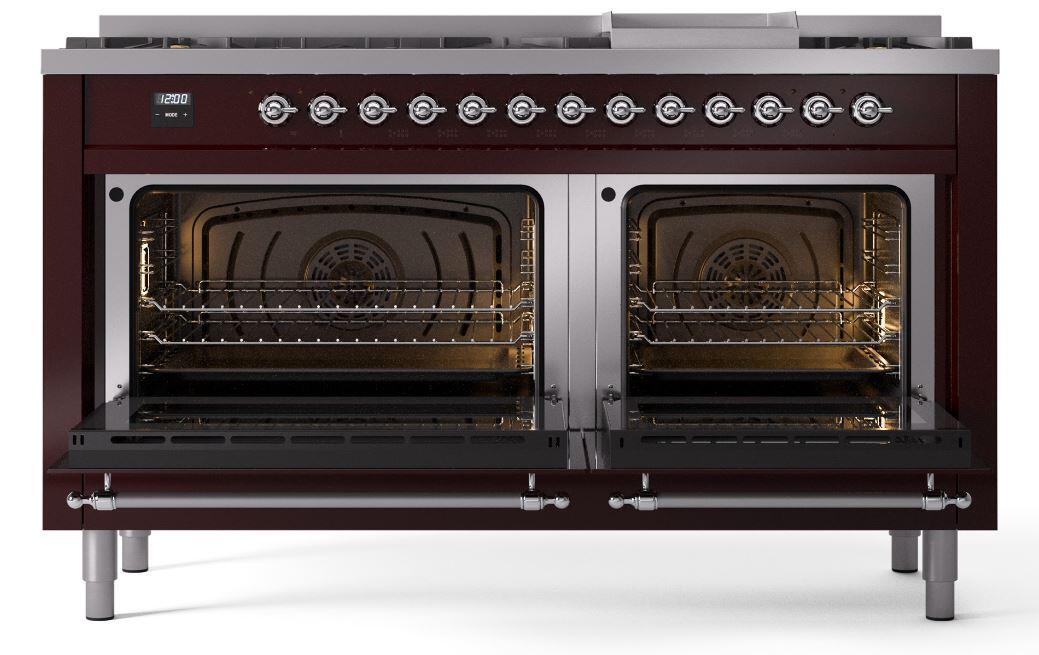 Ilve UP60FNMPBUCLP Nostalgie Ii 60 Inch Dual Fuel Liquid Propane Freestanding Range In Burgundy With Chrome Trim