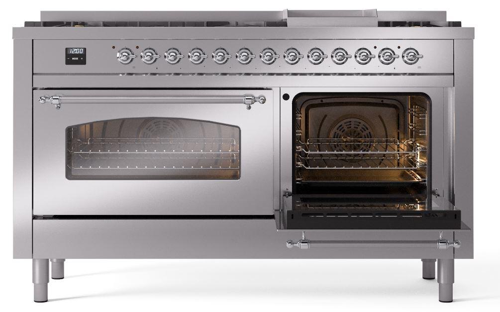 Ilve UP60FNMPSSC Nostalgie Ii 60 Inch Dual Fuel Natural Gas Freestanding Range In Stainless Steel With Chrome Trim