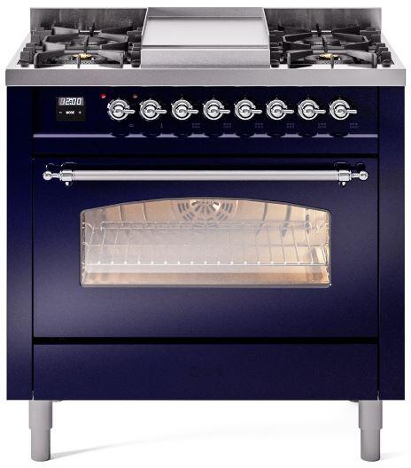 Ilve UP36FNMPMBCLP Nostalgie Ii 36 Inch Dual Fuel Liquid Propane Freestanding Range In Blue With Chrome Trim