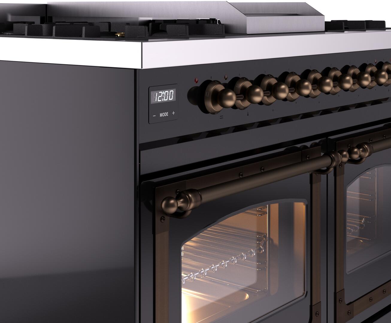 Ilve UPD40FNMPBKB Nostalgie Ii 40 Inch Dual Fuel Natural Gas Freestanding Range In Glossy Black With Bronze Trim