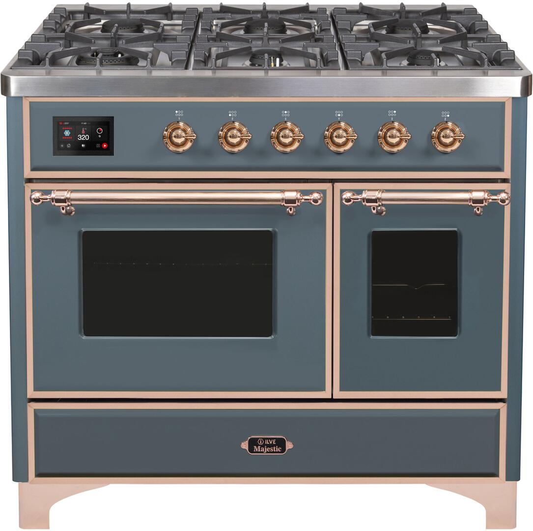 Ilve UMD10FDNS3BGPLP Majestic Ii 40 Inch Dual Fuel Liquid Propane Freestanding Range In Blue Grey With Copper Trim