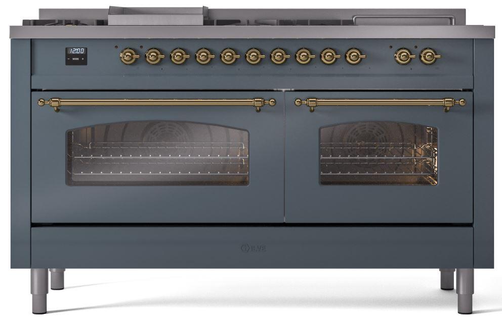 Ilve UP60FSNMPBGGLP Nostalgie Ii 60 Inch Dual Fuel Liquid Propane Freestanding Range In Blue Grey With Brass Trim