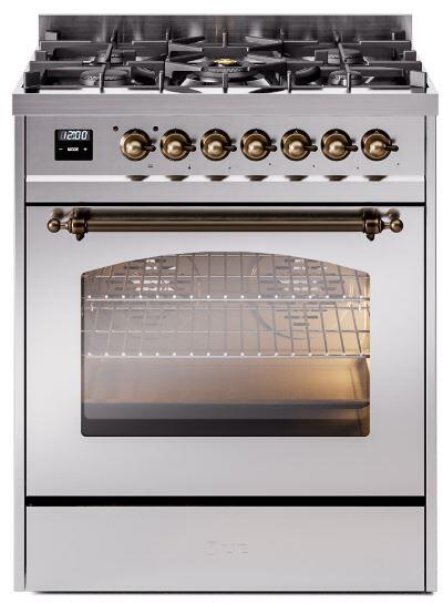 Ilve UP30NMPSSBLP Nostalgie Ii 30 Inch Dual Fuel Liquid Propane Freestanding Range In Stainless Steel With Bronze Trim