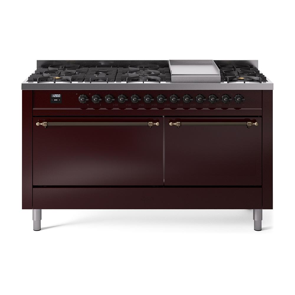 Ilve UP60FQNMPBUBLP Ilve Nostalgie Ii 60 Up60Fqnmpbub Freestanding Dual Fuel Range With 9 Sealed Burners Double Oven With Solid Door In Burgundy With Bronze Knobs