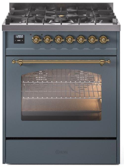 Ilve UP30NMPBGGLP Nostalgie Ii 30 Inch Dual Fuel Liquid Propane Freestanding Range In Blue Grey With Brass Trim