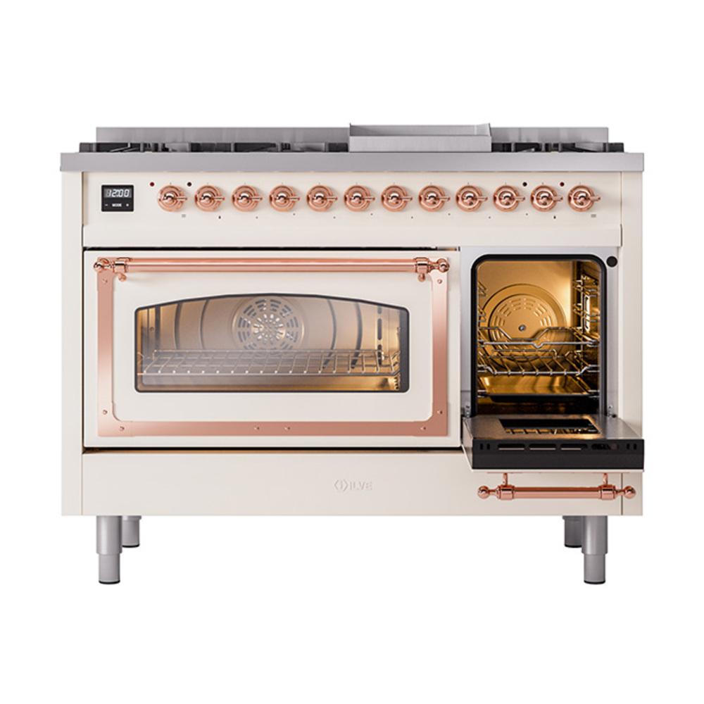 Ilve UN48FNMPAWPLP Ilve Un48Fnmpawplp Nostalgie Ii Noblesse 48" Dual Fuel Range (8 Sealed Burners + Griddle, Liquid Propane, Triple Glass Door, Antique White, Copper)