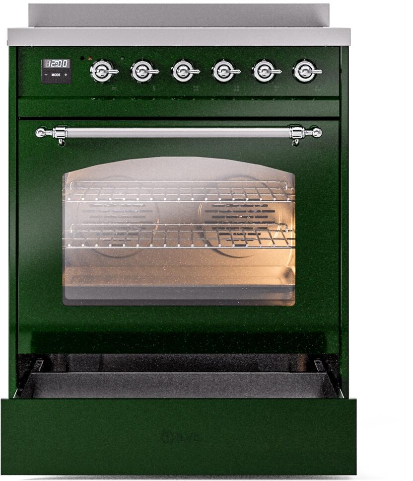 Ilve UPI304NMPEGC Nostalgie Ii 30 Inch Electric Freestanding Range In Emerald Green With Chrome Trim