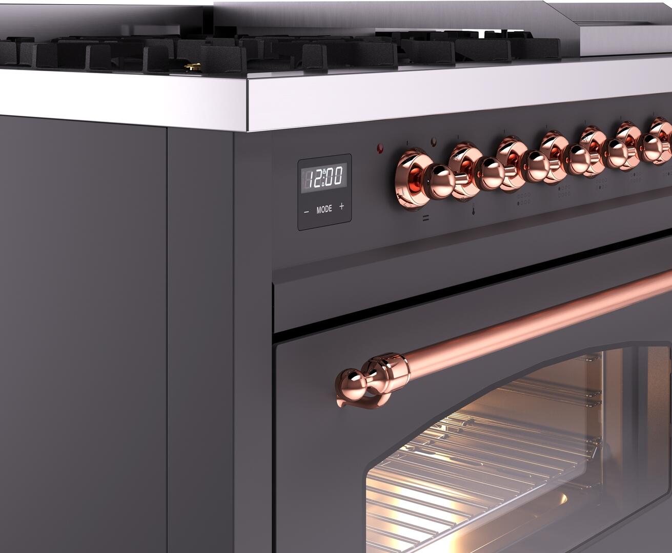 Ilve UP48FNMPMGP Nostalgie Ii 48 Inch Dual Fuel Natural Gas Freestanding Range In Matte Graphite With Copper Trim