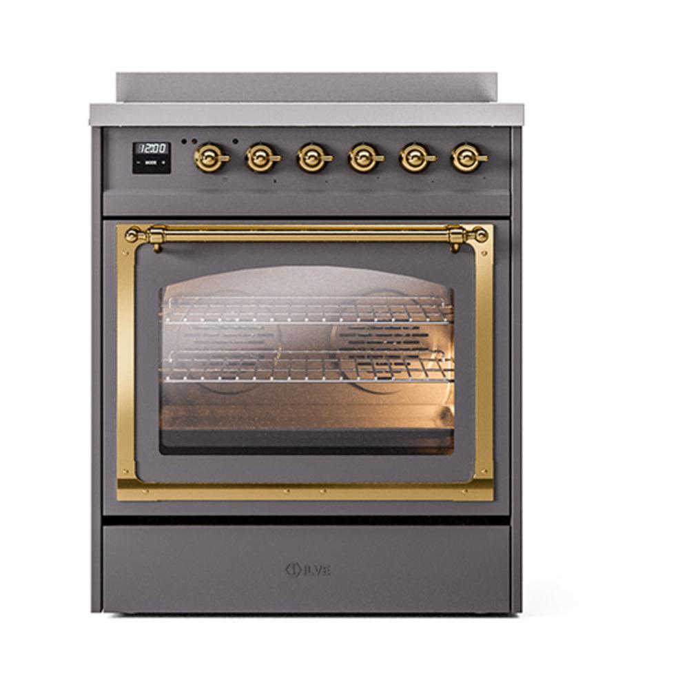 Ilve UNI304NMPMGG Ilve Uni304Nmpmgg Nostalgie Ii Noblesse 30" Induction Range (Triple Glass Door, Graphite Matte, Brass)