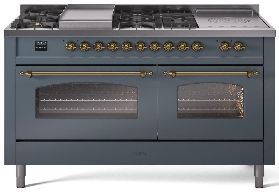 Ilve UP60FSNMPBGG Nostalgie Ii 60 Inch Dual Fuel Natural Gas Freestanding Range In Blue Grey With Brass Trim