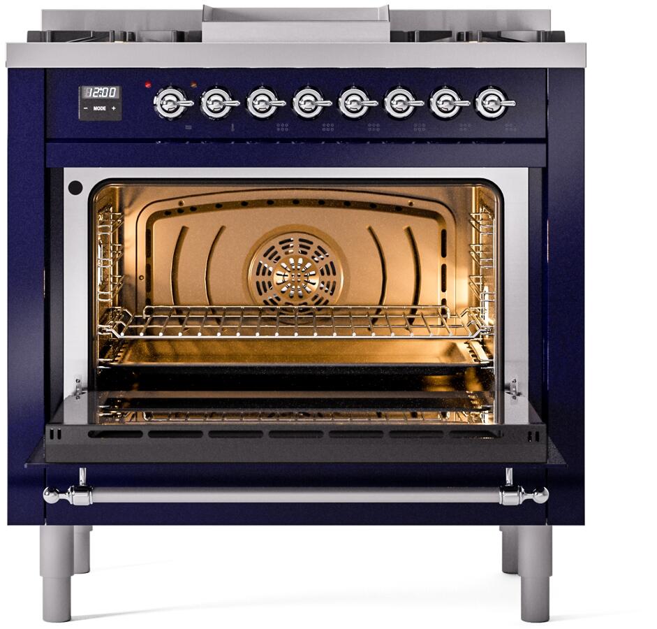 Ilve UP36FNMPMBCLP Nostalgie Ii 36 Inch Dual Fuel Liquid Propane Freestanding Range In Blue With Chrome Trim