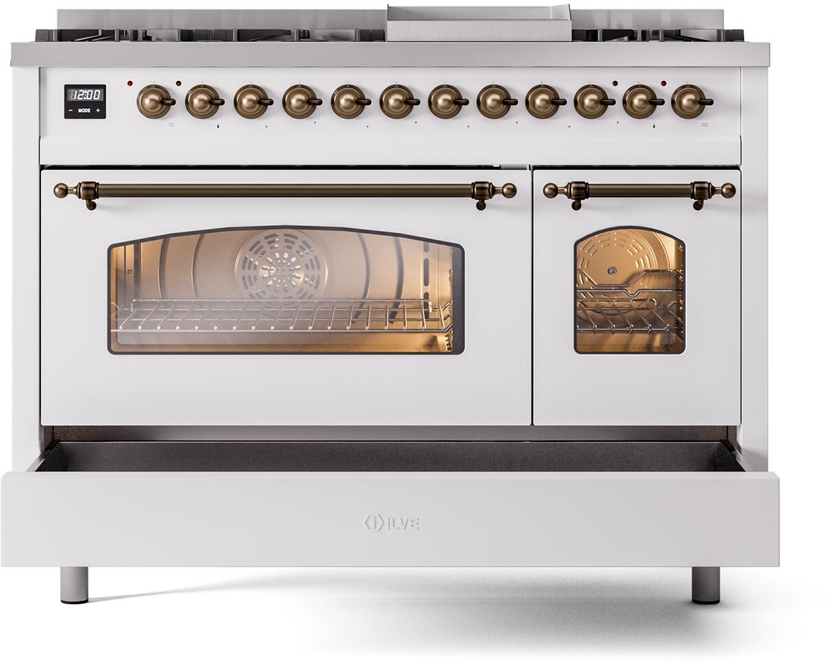 Ilve UP48FNMPWHBLP Nostalgie Ii 48 Inch Dual Fuel Liquid Propane Freestanding Range In White With Bronze Trim