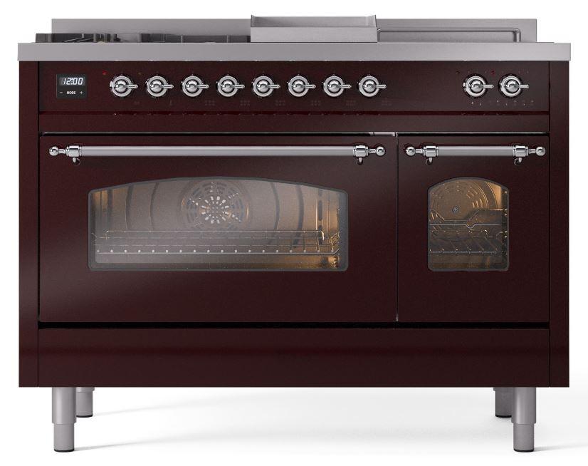 Ilve UP48FSNMPBUC Nostalgie Ii 48 Inch Dual Fuel Natural Gas Freestanding Range In Burgundy With Chrome Trim