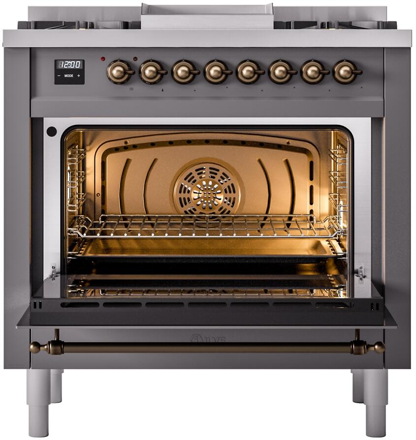 Ilve UP36FNMPMGB Nostalgie Ii 36 Inch Dual Fuel Natural Gas Freestanding Range In Matte Graphite With Bronze Trim