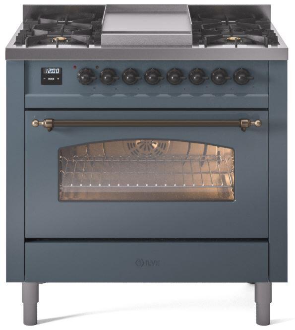 Ilve UP36FNMPBGB Nostalgie Ii 36 Inch Dual Fuel Natural Gas Freestanding Range In Blue Grey With Bronze Trim