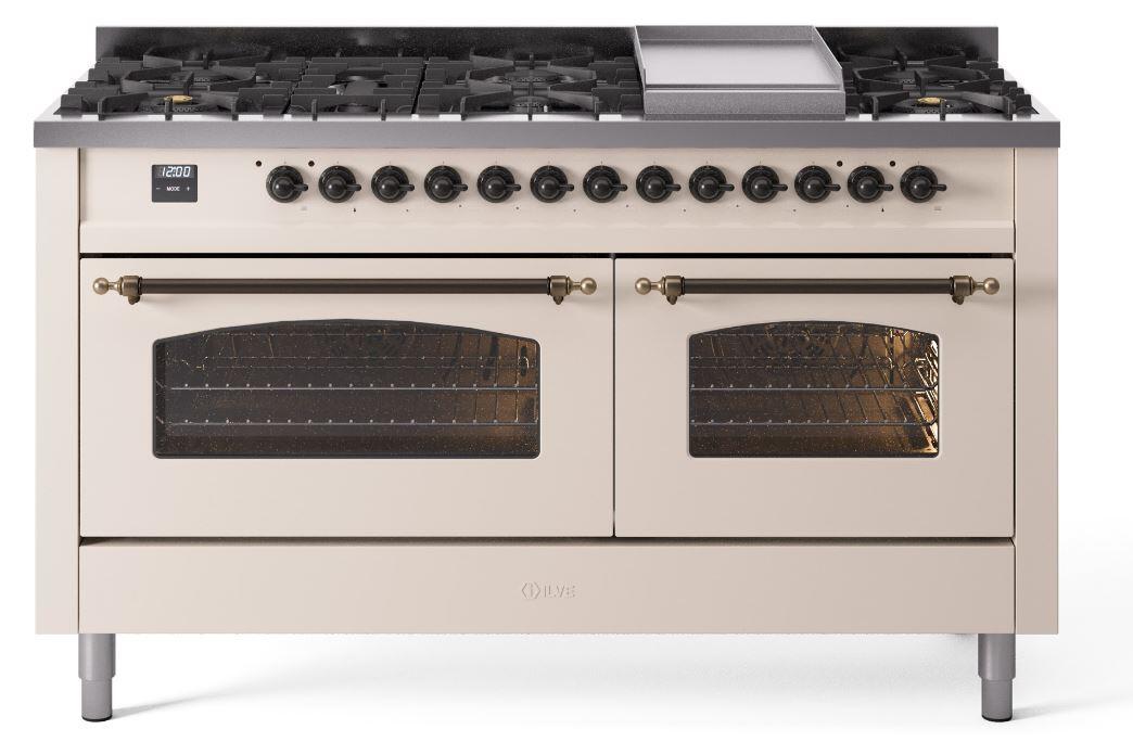 Ilve UP60FNMPAWB Nostalgie Ii 60 Inch Dual Fuel Natural Gas Freestanding Range In Antique White With Bronze Trim