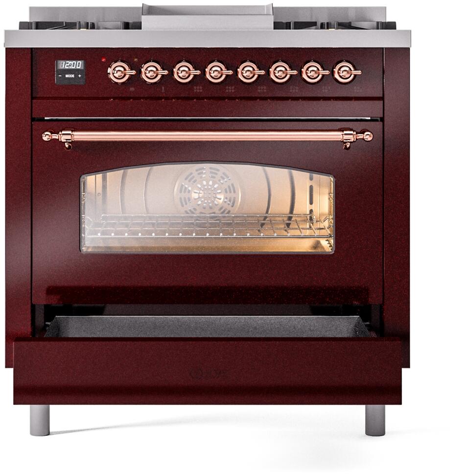 Ilve UP36FNMPBUP Nostalgie Ii 36 Inch Dual Fuel Natural Gas Freestanding Range In Burgundy With Copper Trim