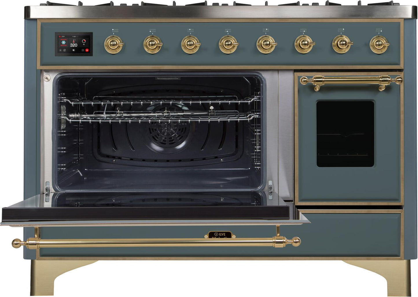 Ilve UM12FDNS3BGGLP Majestic Ii 48 Inch Dual Fuel Liquid Propane Freestanding Range In Blue Grey With Brass Trim