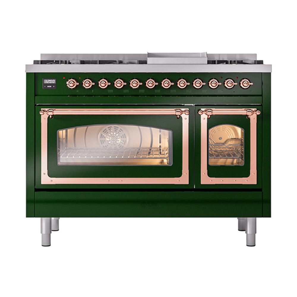 Ilve UN48FNMPEGPLP Ilve Un48Fnmpegplp Nostalgie Ii Noblesse 48" Dual Fuel Range (8 Sealed Burners + Griddle, Liquid Propane, Triple Glass Door, Emerald Green, Copper)